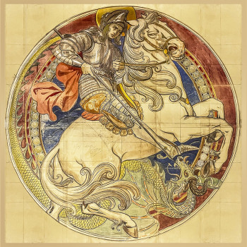 Il disegno fa parte della serie di cartoni preparatori per le vetrate del salone della Nuova Borsa di Genova, il complesso progettato dall’architetto Dario Carbone (1857-1934) nel quale Adolfo Coppedè fu incaricato di realizzare l’apparato decorativo interno. Nel grande tondo progettato per il lucernario centrale, realizzato nelle officine del pittore Luis Balmet (1876-1957) a Grenoble, campeggia la figura di San Giorgio che uccide il Drago, la cui coda si sviluppa lungo la circonferenza a creare un motivo decorativo che incornicia la composizione. Le restanti vetrate furono realizzate in Toscana, nelle Fornaci fondate nel 1906 da Galileo e Chino Chini a Borgo San Lorenzo, e traspare infatti in queste opere di Coppedé una maggiore aderenza allo stile floreale, suggerito dall’utilizzo di una tecnica di rappresentazione grafica lineare ma anche dalla vicinanza di Galileo Chini che lavora insieme a lui nel cantiere genovese. La presentazione dell’apparato decorativo del complesso, in occasione dell’inaugurazione, suscitò una generale approvazione e un’incondizionata ammirazione per l’architetto che occupò per giorni le pagine dei quotidiani nazionali.